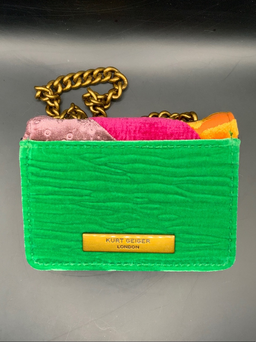 Kurt Geiger Pink Orange Green Velvet Chain Card Holder Shoulder Bag - Picture 2 of 8